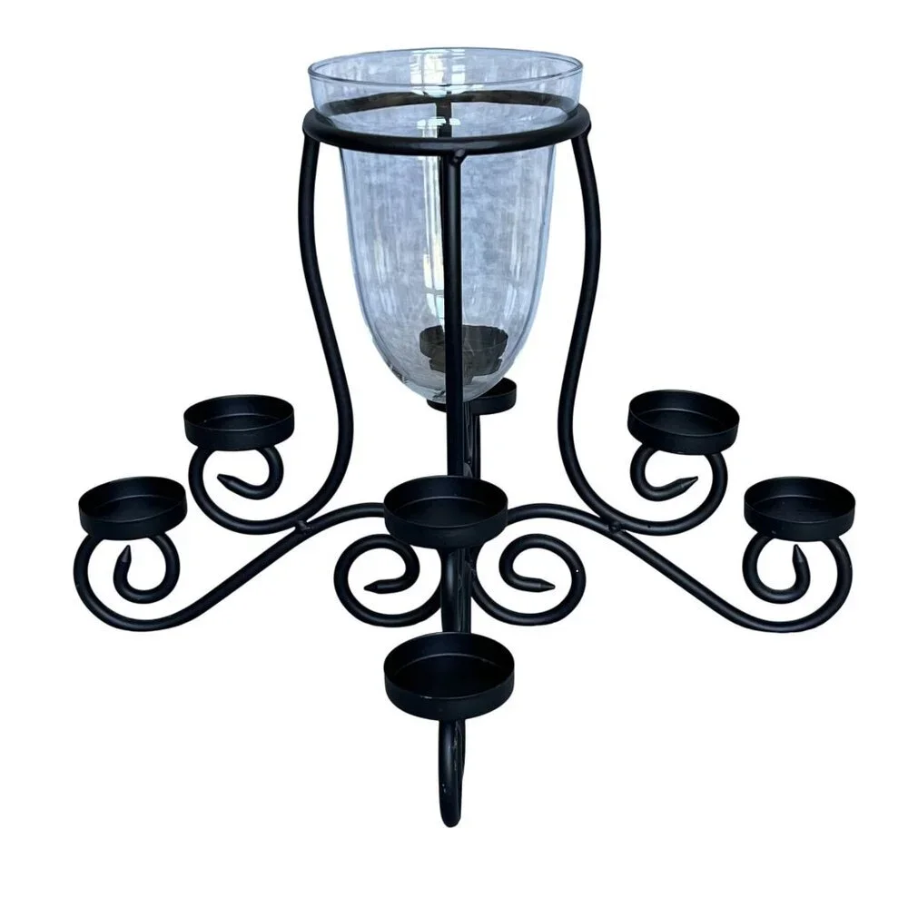 Wrought lron Holiday Centerpiece Fireplace Stand 1 Center Glass 8 Candle Slots